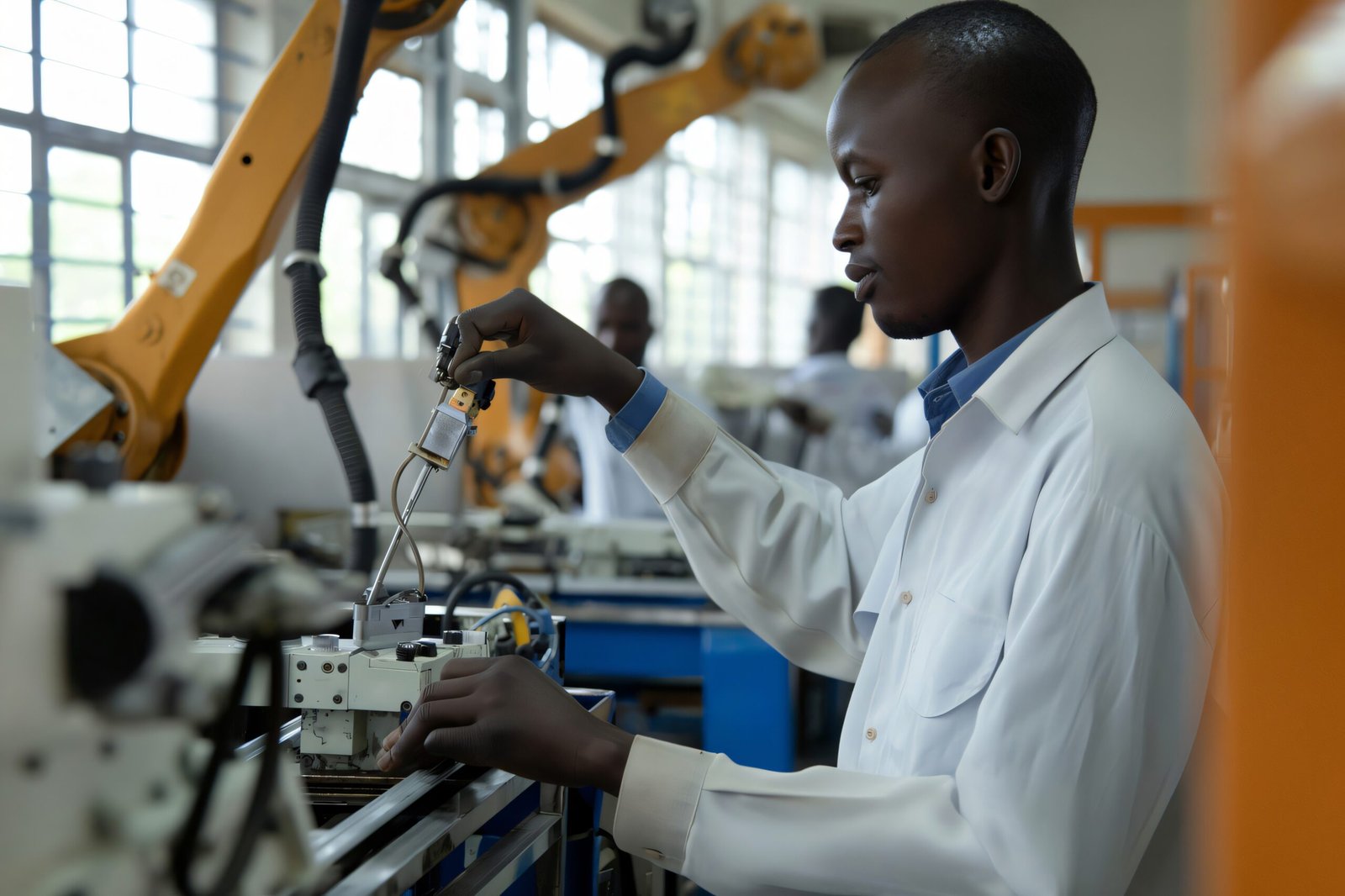 Appel à candidatures – Bourses académiques d'Innovation 2026 Formation technologique en Afrique — jeune étudiant travaillant sur des équipements robotiques dans un laboratoire d