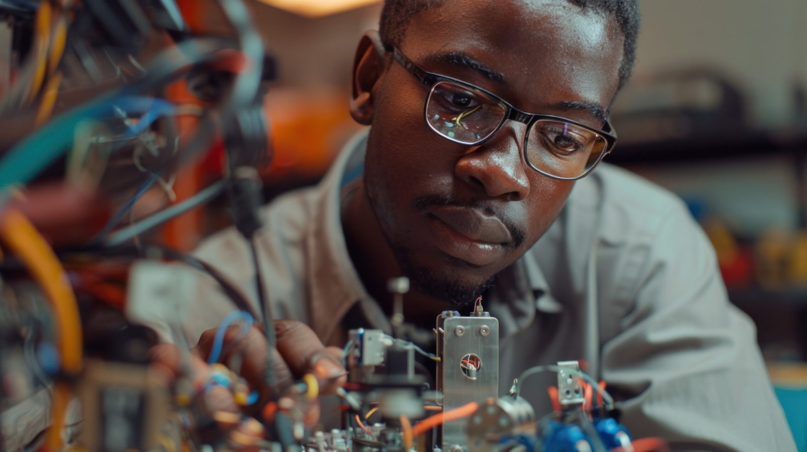 Appel à candidatures – Bourses académiques d'Innovation 2026 Jeune ingénieur africain avec lunettes travaillant sur des circuits électroniques — remise de bourses et jeunes talents africains en technologie